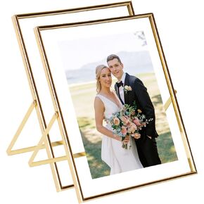 2 Pack 8x10 Gold Floating Frame For Photo Sizes (7x9, 6x8, 5x7), Floating Photo Frames 8 x 10 Metal&Glass,Gold Frames for Wedding Signs/Family,Thin Gold Float Frame Standing Up,Set of 2