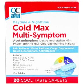Quality Choice Day & Night Cold Max متعدد الأعراض، دواء البرد والإنفلونزا، مسكن للألم، مخفض للحمى، مثبط للسعال، مزيل لاحتقان الأنف، كبسولات ذات مذاق رائع تخفف الألم على مدار 24 ساعة in Kuwait