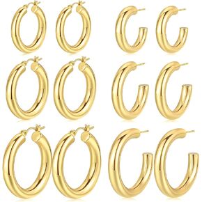 6 Pairs Gold Hoop Earrings Set for Women, Chunky Hollow Tube Hoop Earrings, Hypoallergenic Lightweight Hoop Large Earrings 25/30/35mm