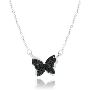 Dainty Pave Butterfly Necklace for Women Black Diamond Rhinestone Floating Pendant Jewelry Rhodium Silver Plated Stainless Steel Christmas Gifts for Girls [BFN-BK-S]