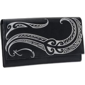 Polynesian Tattoo Women's Leather Clutch Wallet Model "Ahona" Tattoo art by Kuaika Quenga (Black) from NAKOA