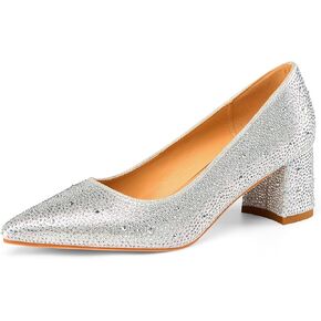 Women's Fashion Sparkly Rhinestone Low Block Heel Pumps Shoes Bling Dressy Suede Pointed Toe Slip-on Chunky Heels for Wedding Party