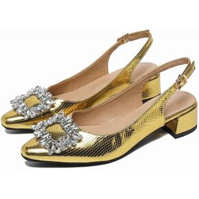 Women's Slingback Low Block Heels Closed Toe Wedding Dress Pumps Shoes (Size Updated)