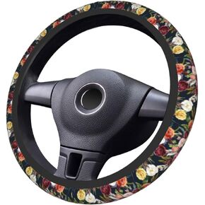 Steering Wheel Cover Retro Cute Orange Daisies, Sunflowers，Universal 15 Inch Suitable for Women, Non-Slip Soft Elastic Fabric Protector Car Accessories
