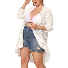Agnes Orinda Plus Size Cardigans for Women Lightweight 3/4 Sleeve Open Front Crochet 2024 Lace Cover Up