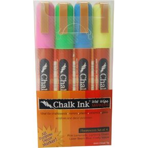 Chalk Ink 6mm Fluorescent Wet Wipe Markers, 4-Pack (6mmFluor4WW)