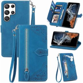 Furiet Wallet Case for Samsung Galaxy S24 Ultra 5G with Wrist Strap Lanyard, Flower Pattern Zipper Pocket Leather Flip Card Holder Stand Folio Purse Phone Cover for S24Ultra 24S S 24 24Ultra Pink
