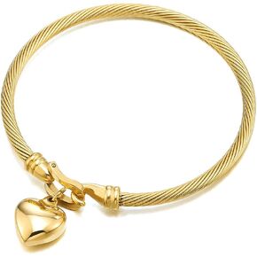 COOLSTEELANDBEYOND Lovely Puff Heart Charm Twisted Cable Bangle Bracelet for Women Steel Gold Color Hook Closure