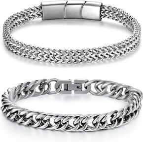 2PCS Bracelets For Man, Silver Stainless Steel Cuban Link Chain for Men Jewelry