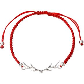 Deer Antlers Shape Protection Bracelet for Women Men Elk Reindeer Animal Horn Real 925 Sterling Silver Lucky Amulet Red Rope Bracelet Handmade String Adjustable Jewelry Gift