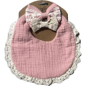 Baby Girl Gift Set, Muslin BoHo Bib with Lace and Matching Bows, Absorbent Cotton Adjustable Bib for Newborn Infant Toddler