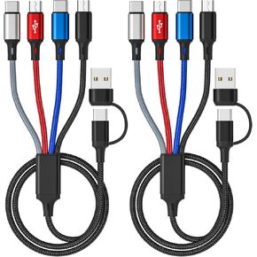 كابل شحن متعدد 6 في 1، كابل شاحن متعدد 2 حزمة - 6 أقدام كابل USB متعدد مضفر 3A سلك شاحن هاتف عالمي متعدد موصل USB A/C مع النوع C، منافذ USB صغيرة/2 * IP للهاتف الخلوي/الأجهزة اللوحية in Kuwait