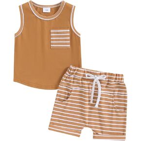 Kayotuas 2Pcs Baby Boy Summer Clothes Casual Pocket Sleeveless Tank Tops and Stripes Shorts Set Infant Toddler Short Outfits