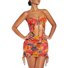 Verdusa Women's 2 Piece Outfit Ruffle Asymmetrical Cami Top and Ruched Bodycon Skirt