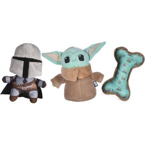 Star Wars for Pets The Mandalorian 3 Piece Gift Set for Dogs, Includes 9" Mandalorian Plush, 9" GROGU Plush, and Oxford Bone Shape Toy with GROGU Print | Squeaky Dog Toys