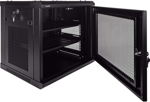 Navepoint 9U Deluxe IT خزانة حائطية مثبتة على الحائط مقاس 19 بوصة رف شبكة الخادم مع قفل باب مثقوب أسود مع/أرفف in Saudi Arabia
