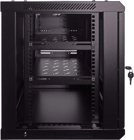 Navepoint 9U Deluxe IT خزانة حائطية مثبتة على الحائط مقاس 19 بوصة رف شبكة الخادم مع قفل باب مثقوب أسود مع/أرفف in Saudi Arabia