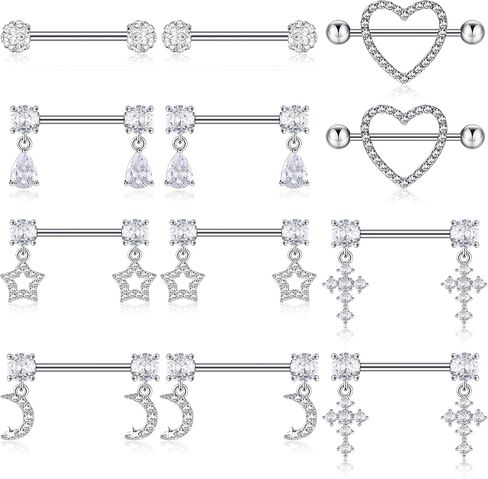 6 Pairs Stainless Steel Nipple Rings Dangle Nipple Piercing Jewelry 14G Heart Nipple Studs CZ Body Nipple Jewelry in Saudi Arabia