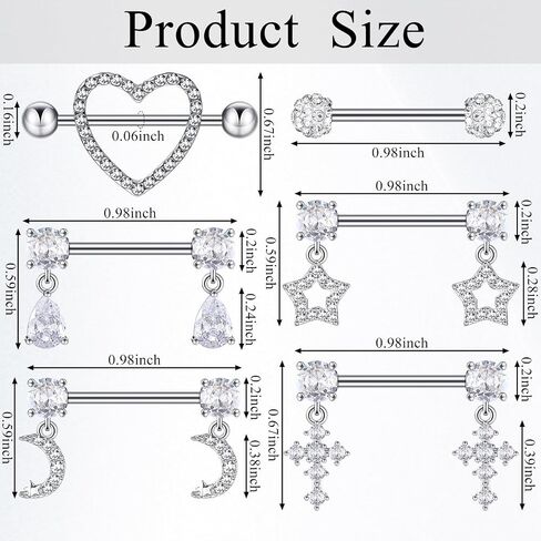 6 Pairs Stainless Steel Nipple Rings Dangle Nipple Piercing Jewelry 14G Heart Nipple Studs CZ Body Nipple Jewelry in Saudi Arabia