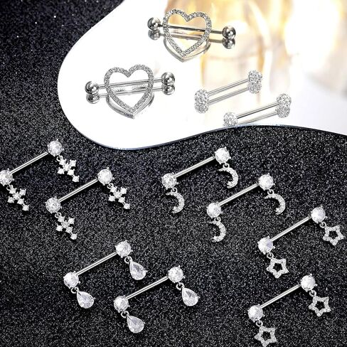6 Pairs Stainless Steel Nipple Rings Dangle Nipple Piercing Jewelry 14G Heart Nipple Studs CZ Body Nipple Jewelry in Saudi Arabia