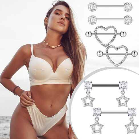 6 Pairs Stainless Steel Nipple Rings Dangle Nipple Piercing Jewelry 14G Heart Nipple Studs CZ Body Nipple Jewelry in Saudi Arabia