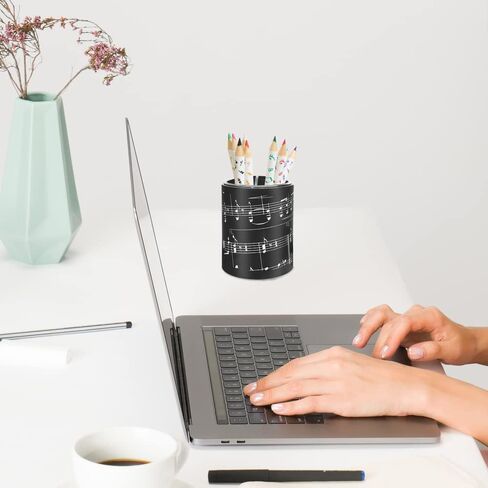 Winterworm Music Pencil Pen Container,Black Pencil Cup Musical Melody Theme Pen Holder Cup Pencil Pot Desk Organizer for Home Office Desktop Decoration Gift (Music Score) in Saudi Arabia