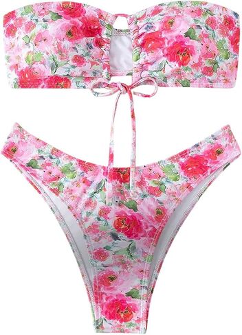 WDIRARA Women's 2 Piece Floral Ruched Hollow Out Bandeau Swimsuit Tie Front High Cut Bikini Set in Saudi Arabia