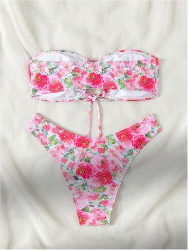 WDIRARA Women's 2 Piece Floral Ruched Hollow Out Bandeau Swimsuit Tie Front High Cut Bikini Set in Saudi Arabia