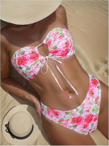 WDIRARA Women's 2 Piece Floral Ruched Hollow Out Bandeau Swimsuit Tie Front High Cut Bikini Set in Saudi Arabia