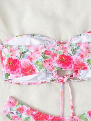 WDIRARA Women's 2 Piece Floral Ruched Hollow Out Bandeau Swimsuit Tie Front High Cut Bikini Set in Saudi Arabia