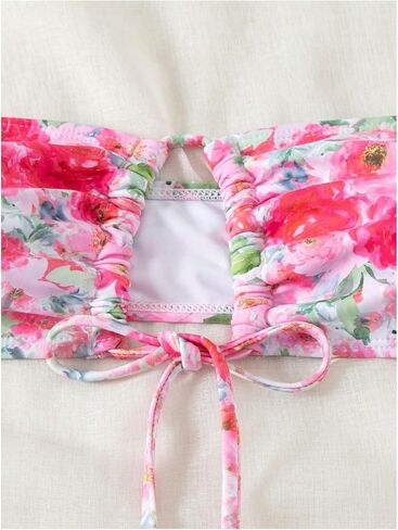WDIRARA Women's 2 Piece Floral Ruched Hollow Out Bandeau Swimsuit Tie Front High Cut Bikini Set in Saudi Arabia