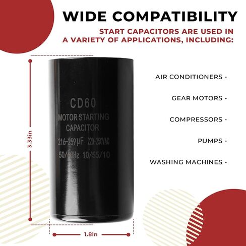 216-259 uf/MFD 220-250 VAC ±20% CD60 Round Motor Start Capacitor 50/60 Hz AC Electric Motor Universal Fit for AC Motor Run or Fan Start and Cool or Heat Pump Air Conditioner by Kotoysoo in Kuwait