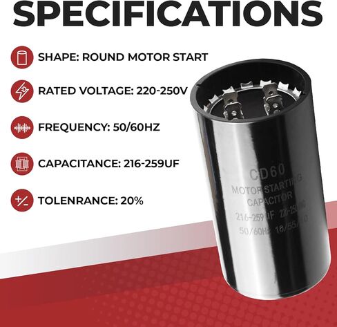 216-259 uf/MFD 220-250 VAC ±20% CD60 Round Motor Start Capacitor 50/60 Hz AC Electric Motor Universal Fit for AC Motor Run or Fan Start and Cool or Heat Pump Air Conditioner by Kotoysoo in Kuwait