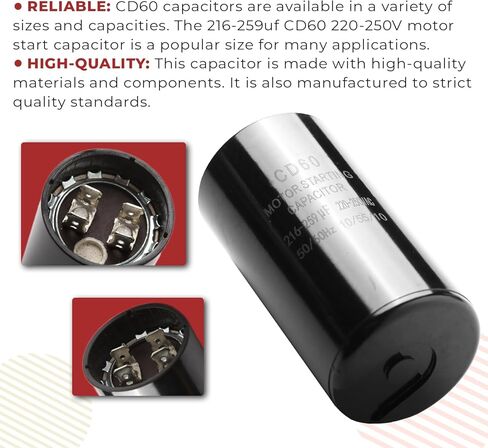 216-259 uf/MFD 220-250 VAC ±20% CD60 Round Motor Start Capacitor 50/60 Hz AC Electric Motor Universal Fit for AC Motor Run or Fan Start and Cool or Heat Pump Air Conditioner by Kotoysoo in Kuwait