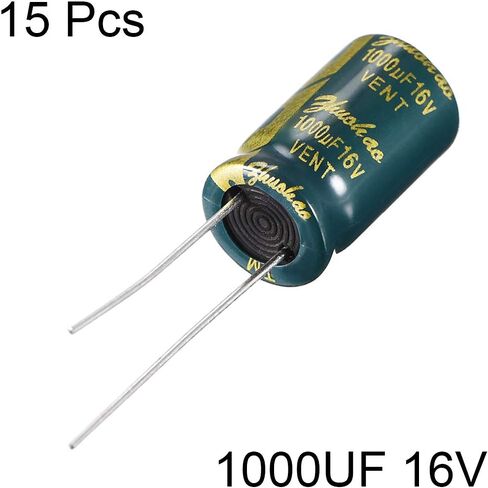 uxcell Aluminum Radial Electrolytic Capacitor Low ESR Green with 1000UF 16V 105 Celsius Life 3000H 10 x 17 mm High Ripple Current,Low Impedance 15pcs in Saudi Arabia