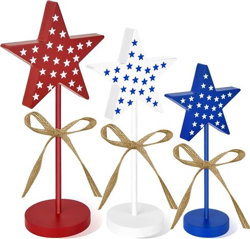 3 Pieces 4th of July Tall Standing Star Block Set, Wooden Star Table Decoration Signs Memorial Day 4th of July Wood Patriotic Decor for American Festival Celebration Home Party Décor in Saudi Arabia