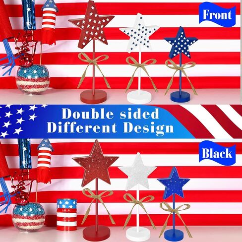 3 Pieces 4th of July Tall Standing Star Block Set, Wooden Star Table Decoration Signs Memorial Day 4th of July Wood Patriotic Decor for American Festival Celebration Home Party Décor in Saudi Arabia