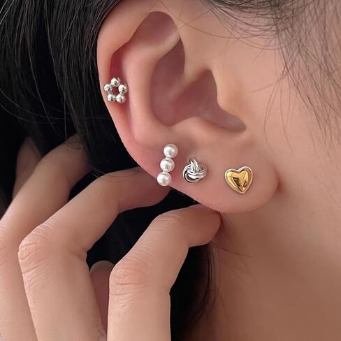 Cute Heart Cartilage Tiny Stud Earrings 925 Sterling Silver Gold Silver Tone Love Hearted Tragus Screw Back Ball Sleeper Helix Small Studs Earring Fashion Hypoallergenic Jewelry Gifts Valentine's Day 18G in Saudi Arabia