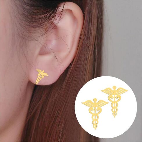 4 Pairs Medical Symbol Studs Earrings Tiny Stainless Steel Caduceus Angel Nurse Earrings Graduation Jewelry Gifts for Nurse Doctor RN Student in Saudi Arabia