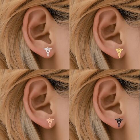 4 Pairs Medical Symbol Studs Earrings Tiny Stainless Steel Caduceus Angel Nurse Earrings Graduation Jewelry Gifts for Nurse Doctor RN Student in Saudi Arabia