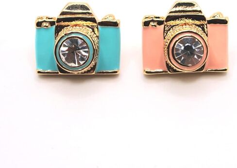 أقراط الكاميرا الذهبية | مجوهرات المصور الوردي الأزرق | عدسة حجر الراين الرجعية الرائعة | أفكار هدايا فريدة | سحر جميل النساء الفتيات in Kuwait