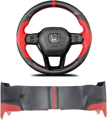 غلاف عجلة القيادة مخيط يدويًا للجيل الحادي عشر من Honda Civic 2022 ملحقات غطاء جلد حماية عجلة القيادة الداخلية (جلد أحمر مثقوب + ألياف كربون سوداء غير لامعة) in Kuwait