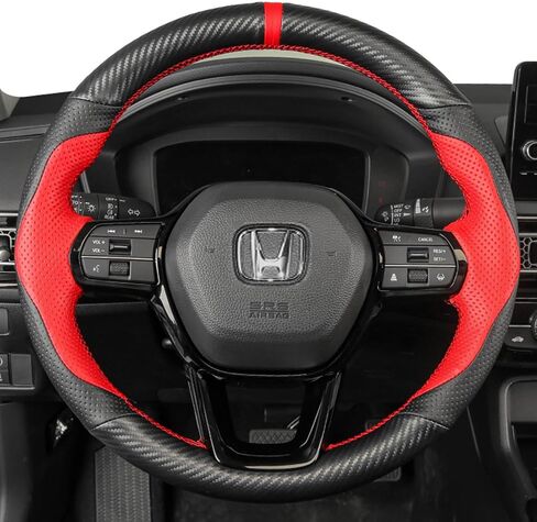 غلاف عجلة القيادة مخيط يدويًا للجيل الحادي عشر من Honda Civic 2022 ملحقات غطاء جلد حماية عجلة القيادة الداخلية (جلد أحمر مثقوب + ألياف كربون سوداء غير لامعة) in Kuwait