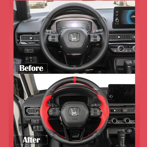 غلاف عجلة القيادة مخيط يدويًا للجيل الحادي عشر من Honda Civic 2022 ملحقات غطاء جلد حماية عجلة القيادة الداخلية (جلد أحمر مثقوب + ألياف كربون سوداء غير لامعة) in Kuwait