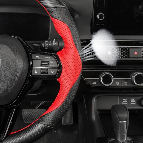 غلاف عجلة القيادة مخيط يدويًا للجيل الحادي عشر من Honda Civic 2022 ملحقات غطاء جلد حماية عجلة القيادة الداخلية (جلد أحمر مثقوب + ألياف كربون سوداء غير لامعة) in Kuwait