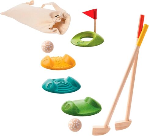 PlanToys Mini Golf - Full Toddler Golf Set - 2 Kid Size Golf Clubs, 2 Wooden Balls, 3 Different Challenging Tracks, Flag and Hole, and Golf Bag, Sustainably-Made in Saudi Arabia