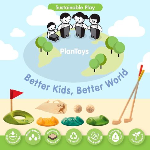 PlanToys Mini Golf - Full Toddler Golf Set - 2 Kid Size Golf Clubs, 2 Wooden Balls, 3 Different Challenging Tracks, Flag and Hole, and Golf Bag, Sustainably-Made in Saudi Arabia