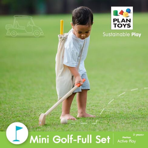 PlanToys Mini Golf - Full Toddler Golf Set - 2 Kid Size Golf Clubs, 2 Wooden Balls, 3 Different Challenging Tracks, Flag and Hole, and Golf Bag, Sustainably-Made in Saudi Arabia