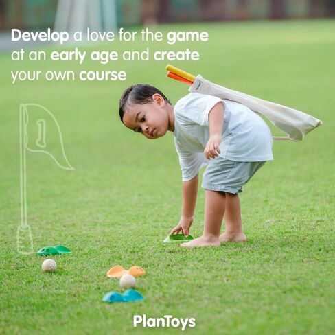 PlanToys Mini Golf - Full Toddler Golf Set - 2 Kid Size Golf Clubs, 2 Wooden Balls, 3 Different Challenging Tracks, Flag and Hole, and Golf Bag, Sustainably-Made in Saudi Arabia