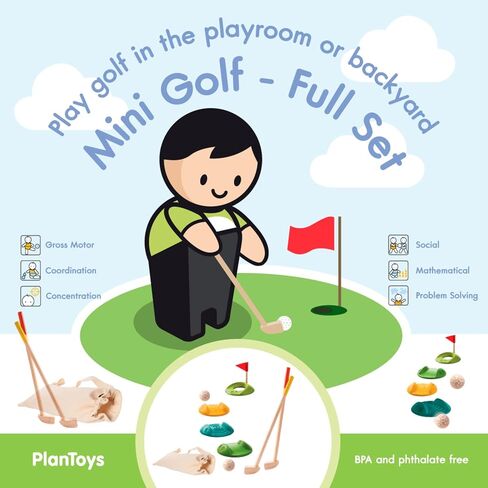 PlanToys Mini Golf - Full Toddler Golf Set - 2 Kid Size Golf Clubs, 2 Wooden Balls, 3 Different Challenging Tracks, Flag and Hole, and Golf Bag, Sustainably-Made in Saudi Arabia